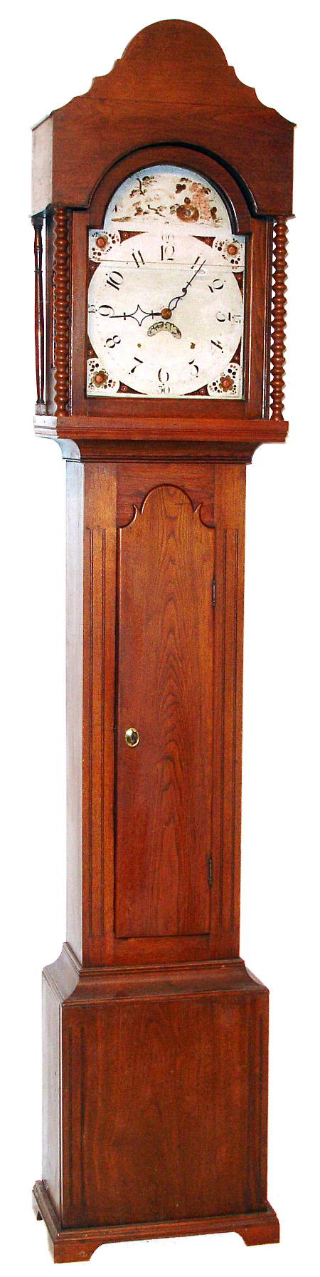 Pennsylvania tall case clock attributed to Solliday family, Montgomery County, PA. The 30 hour time and strike brass movement has typical Solliday cutout and is housed in a walnut case with hard pine backboard. The painted metal dial has crescent aperture for date above 6, c1830 — Antique Clocks Price Guide