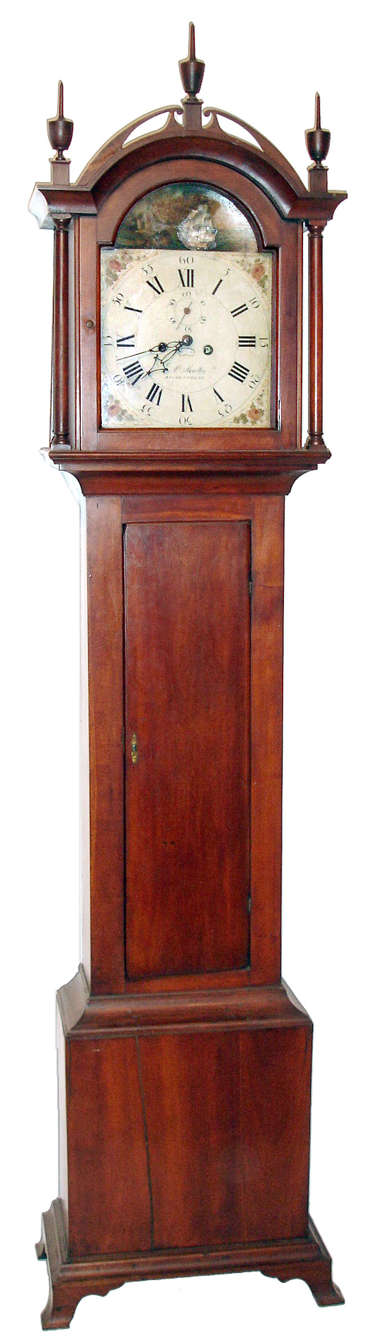 E.S. Moulton, Rochester, New Hampshire tall case clock with 8 day time and strike brass movement in Lunette cherry case. The painted metal dial with second hand, calendar and rocking ship has painter Spencer and Nolan, Washington, St label on rear, c1805 — Antique Clocks Price Guide