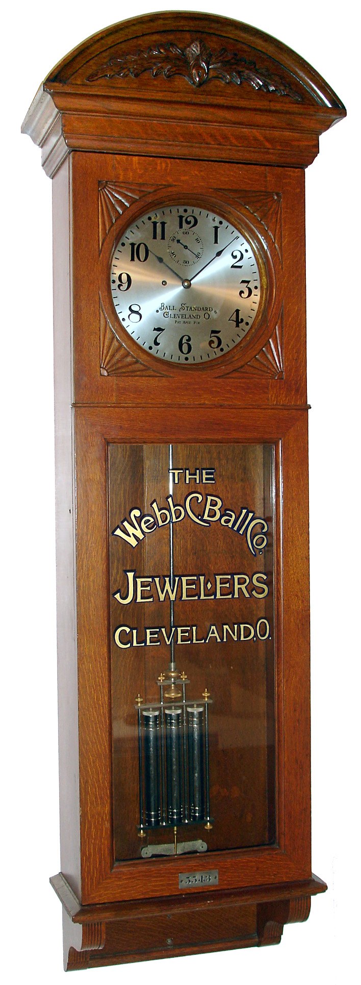 Waltham Clock Co., Waltham, Mass. for Ball Standard, Cleveland, Ohio "Regulator No. 14" wall clock 8 day weight driven time only movement with a special detached gravity escapement and three jar mercury pendulum in oak case with silvered dial, c1905 — Antique Clocks Price Guide