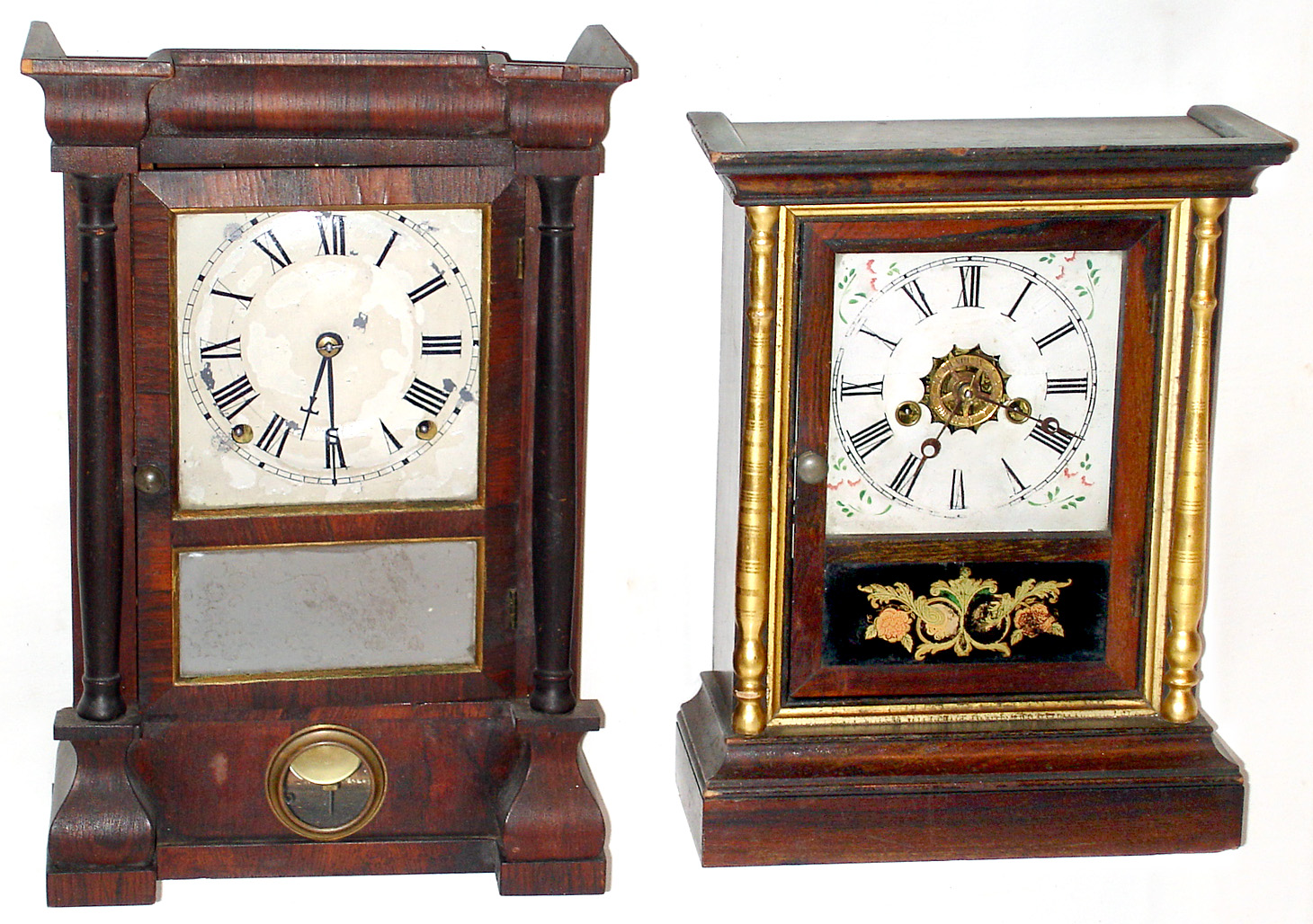 Two small column and cornice time and strike Connecticut shelf clocks, c1880. — Antique Clocks Price Guide