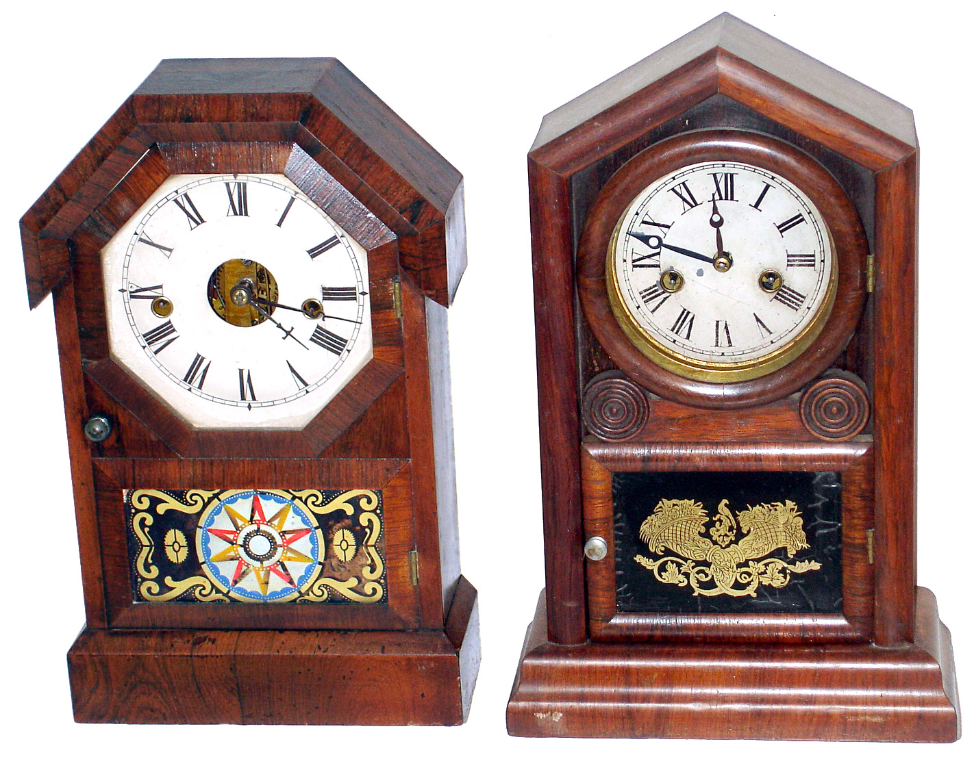 Two 30 hour time and strike rosewood Connecticut mid-19th century mantel clocks, 15" high. — Antique Clocks Price Guide