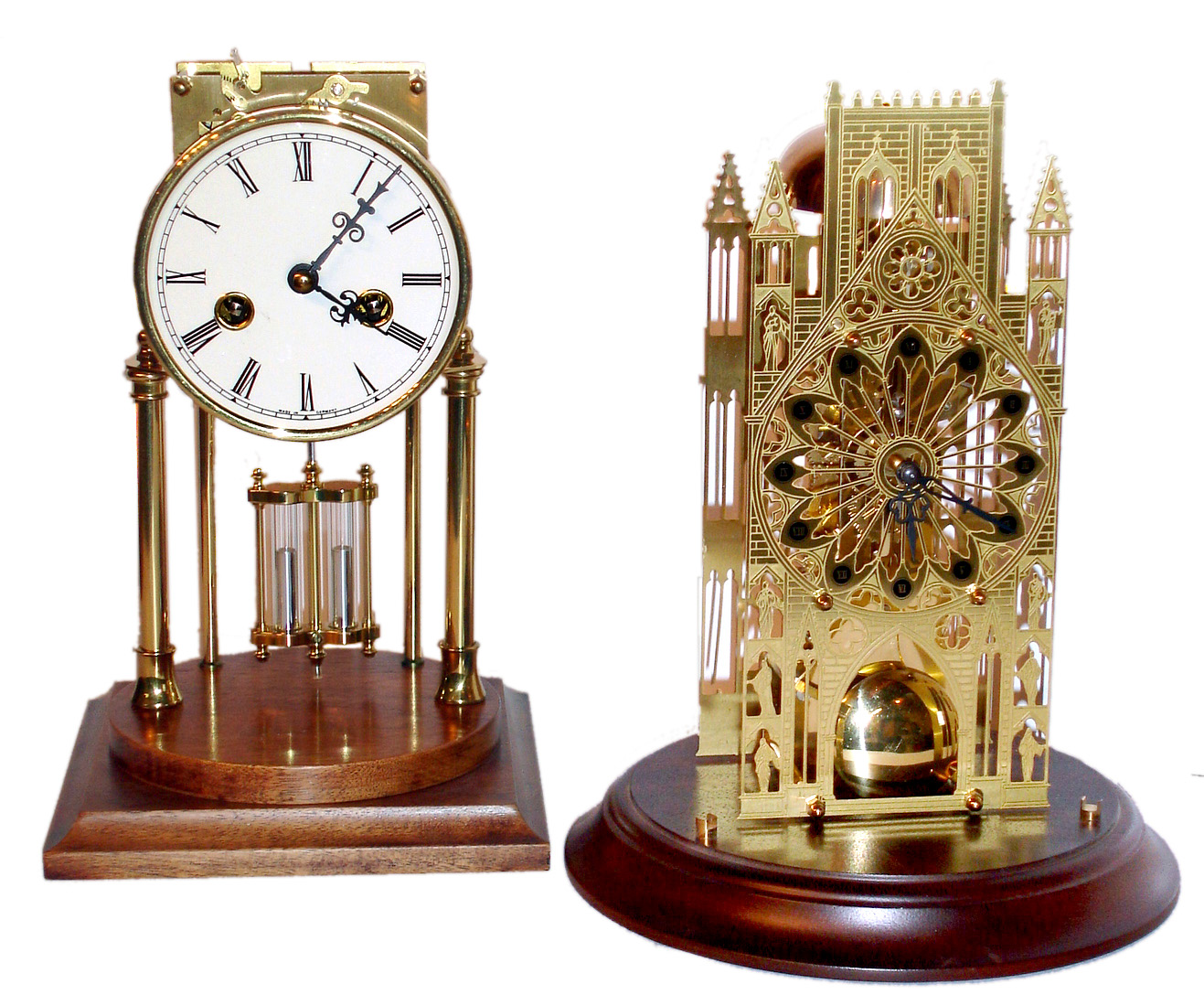 Two modern German 8 day striking clocks with brass movements on wood bases under round glass domes, 12" high. — Antique Clocks Price Guide