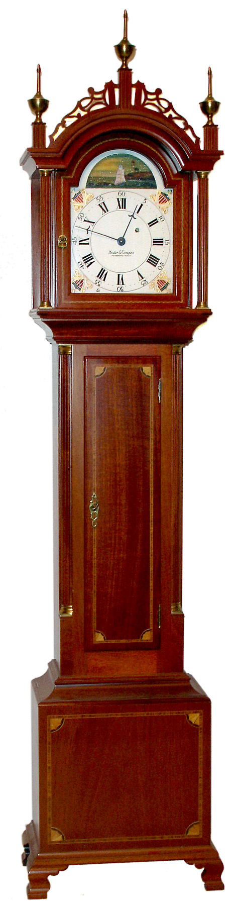 Foster Campos, Pembroke, Mass., "Grandmother Clock" 8 day time only weight driven movement in Roxbury style inlaid mahogany case with painted metal dial and rocking ship, c1982 — Antique Clocks Price Guide