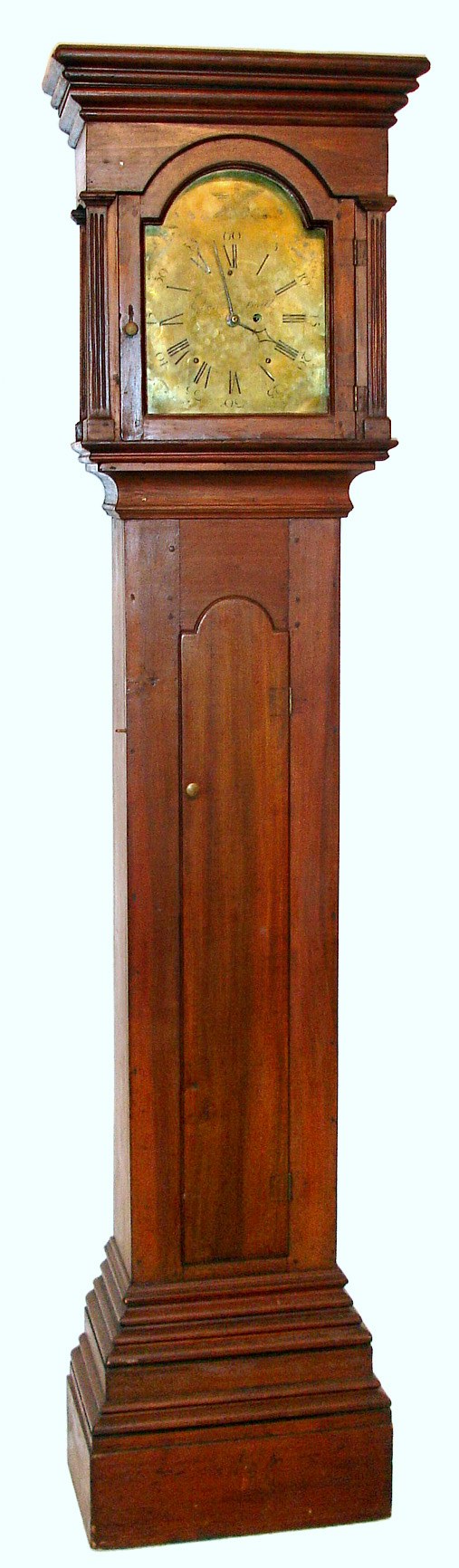 Ebenezer Smith, Newtown and Brookfield, Conn., tall case clock with unique cut-out 8 day time only weight driven movement, in cherry case with brass dial, c1790 — Antique Clocks Price Guide