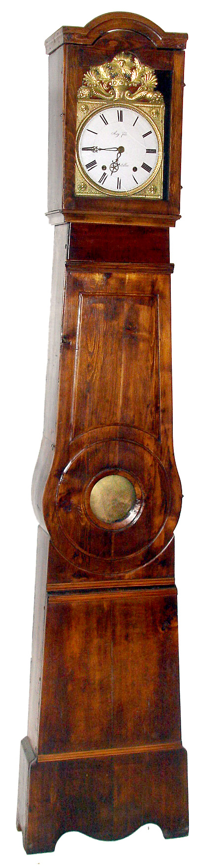 Rey Fils, Chatillon Morbier tall case clock with 8 day time and strike weight driven movement with crown wheel escapement in soft wood case with white enamel dial and pressed brass dial surround, c1800 — Antique Clocks Price Guide