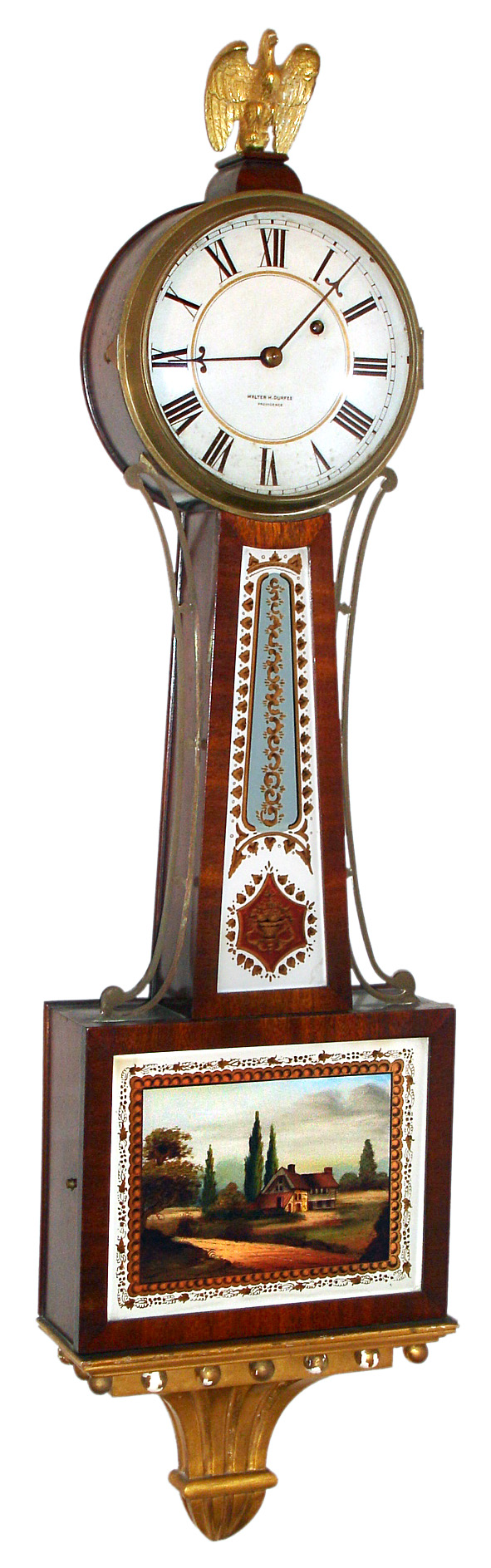 Walter H. Durfee, Providence, Rhode Island, banjo timepiece with 8 day time only weight driven movement in mahogany case with gold leafed presentation bottom and reverse painted throat and lower tablets and painted metal dial, c1910 — Antique Clocks Price Guide
