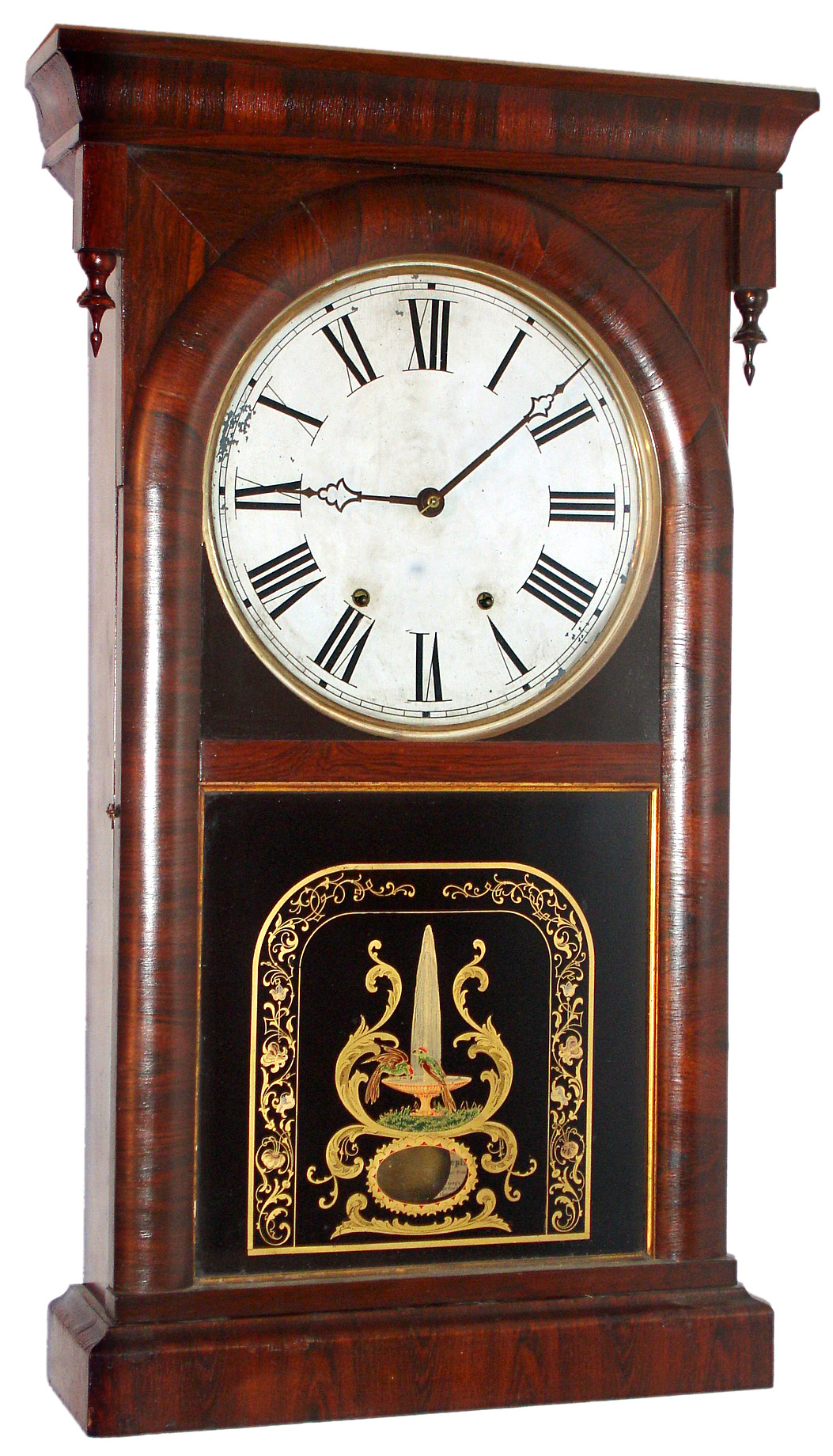 Ansonia Brass and Copper Co., Ansonia Conn., shelf clock 8 day time and strike two weight driven movement in rosewood veneered case with multicolor reverse painted lower tablet with gold leaf molding and painted zinc dial, c1870 — Antique Clocks Price Guide