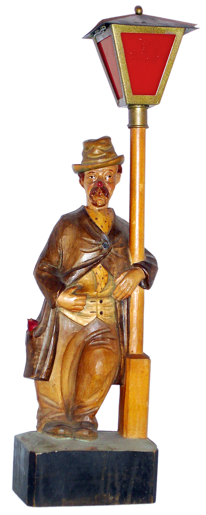 German carved and painted whistler leaning on lamppost with mechanical movement and battery powered lamp, c1930 — Antique Clocks Price Guide