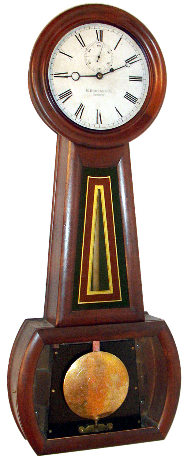 E. Howard and Co., Boston, Mass. "No. 1 Banjo" with 8 day time only weight driven movement in rosewood grain painted case with painted iron dial and reverse painted throat tablet, c1880 — Antique Clocks Price Guide