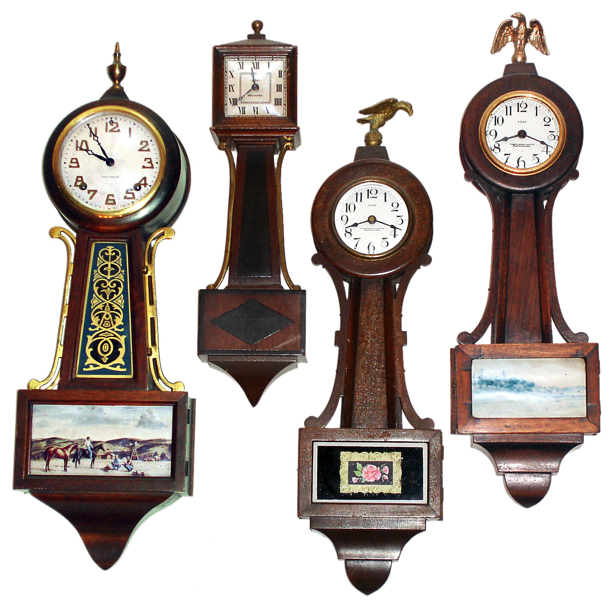 Four New Haven small mahogany case 8 day banjo clocks, early 20th century. — Antique Clocks Price Guide