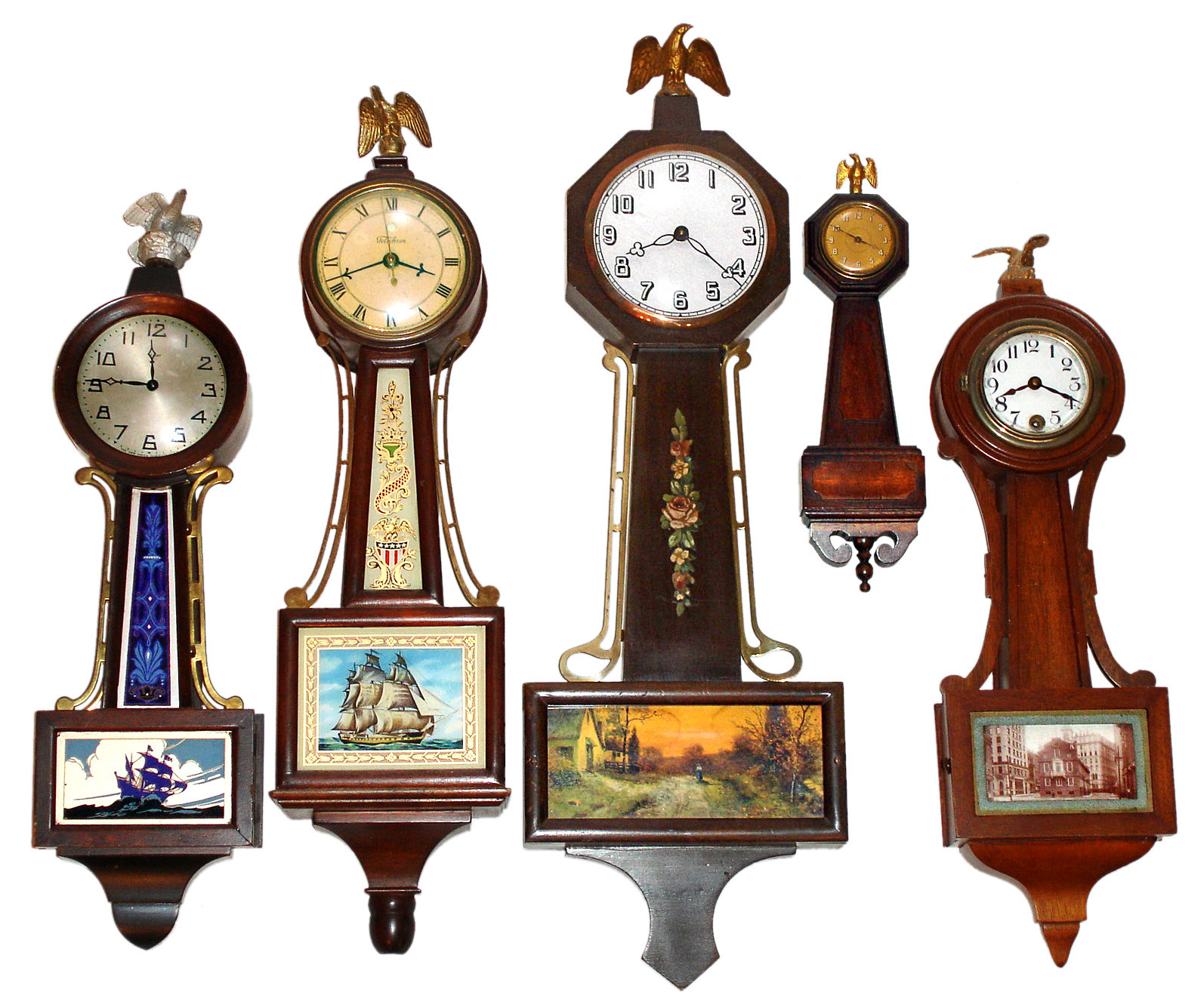 Five small wood case banjo clocks, early 20th century. — Antique Clocks Price Guide