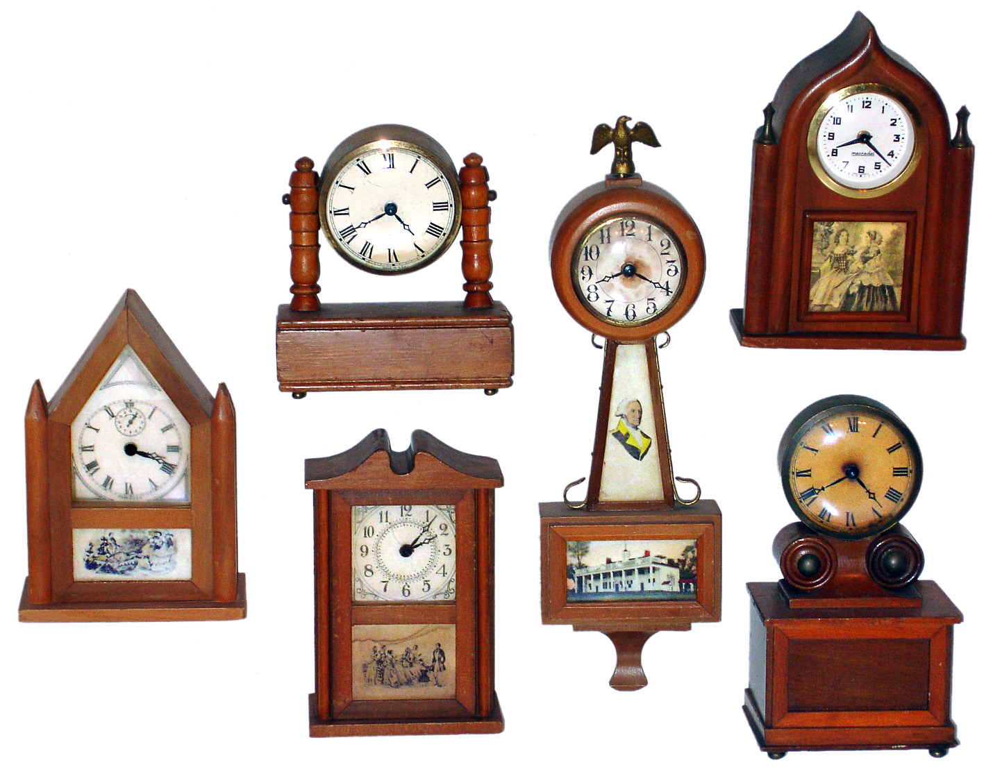Six Burroughs wood novelty clocks. — Antique Clocks Price Guide