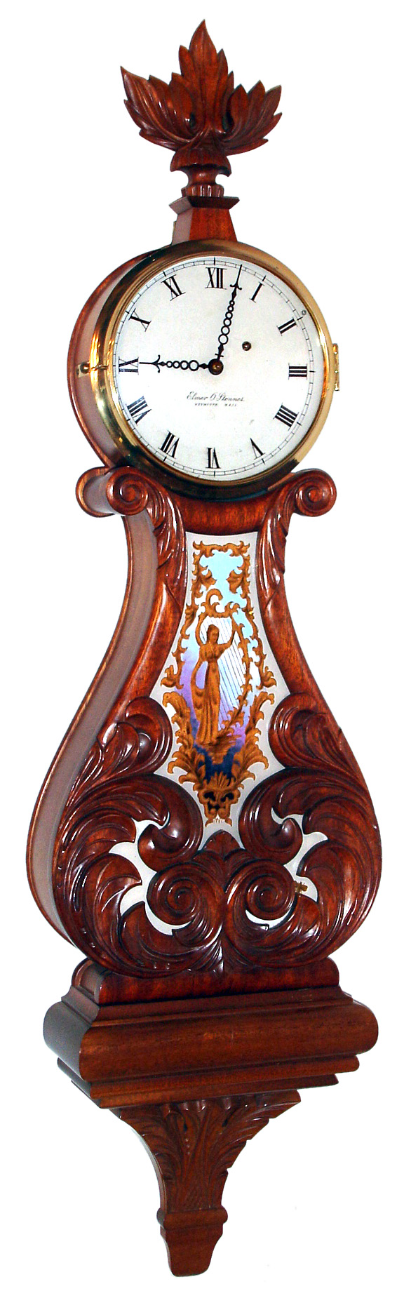Elmer O. Stennes, Weymouth, Mass., "Lyre Banjo" wall clock 8 day time only weight driven movement in carved mahogany case with reverse painted throat tablet and painted metal dial, date 1972 — Antique Clocks Price Guide