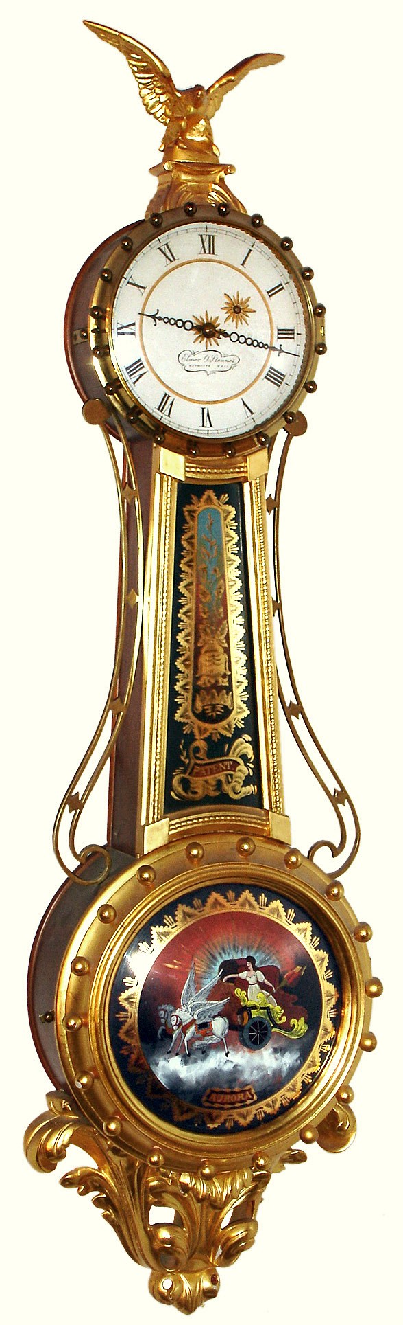 Elmer O. Stennes, Weymouth, Mass., "Girandole" wall clock 8 day time only weight driven movement in gold leafed mahogany case with reverse painted convex throat and lower glass tablets and painted metal dial, dated 1972 — Antique Clocks Price Guide
