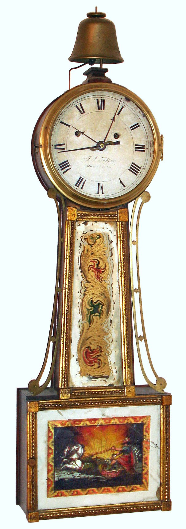 Israel F. Tappan, Manchester, Mass., "Banjo" wall clock with alarm 8 day time only weight driven movement with weight driven alarm striking on surmounted bell in mahogany case with gold leaf front and reverse painted throat and lower tablets, c1820 — Antique Clocks Price Guide