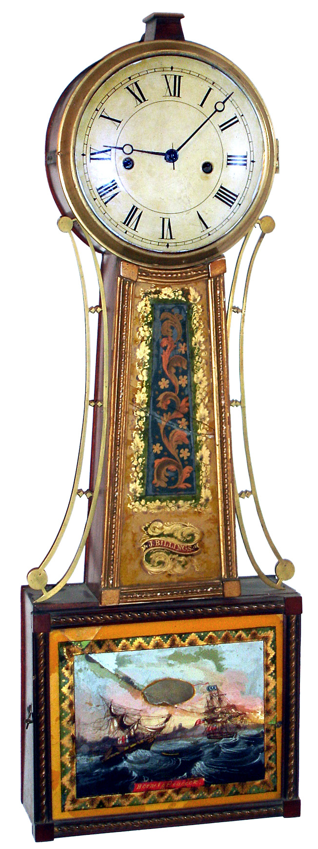 Jonathan Billings, Reading and Acton, Mass., "Striking Banjo" wall clock 8 day time and strike on internal bell two weight driven skeletonized brass movement in mahogany case with gold leafed throat frame and reverse painted throat and lower tablets with painted metal dial, c1830 — Antique Clocks Price Guide