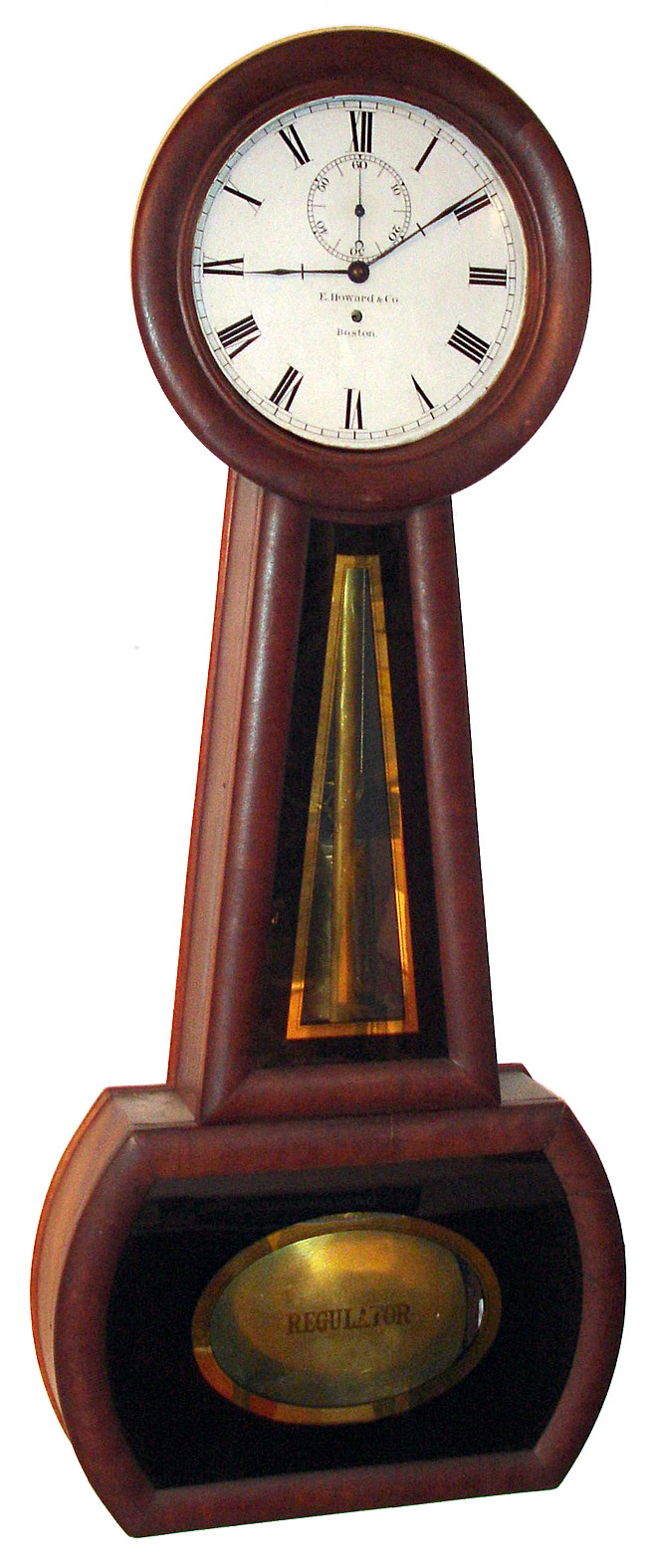 B. D. Bingham, Nashua, NH "No. 1 Banjo" type wall clock 8 day time only weight driven movement in mahogany case with reverse painted throat and lower tablets and painted metal dial, c1840 — Antique Clocks Price Guide