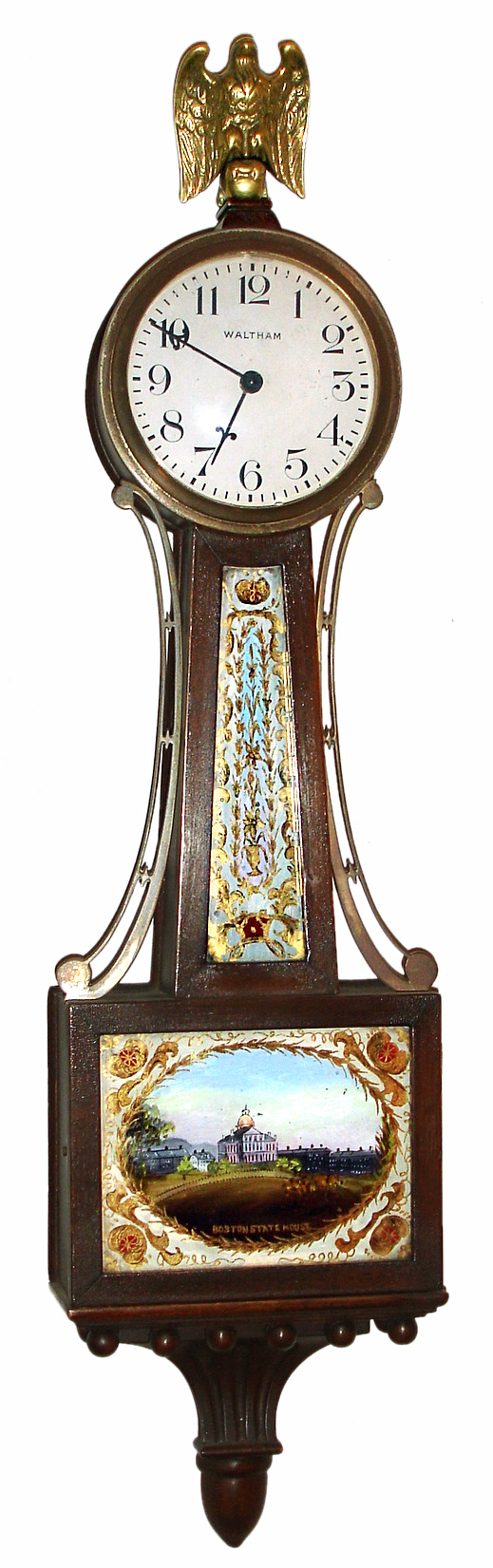Waltham Clock Co., Waltham, Mass., "Miniature Banjo" 8 day time only stem wind spring driven movement with lever escapement in mahogany case with reverse painted tablets and painted metal dial, c1930 — Antique Clocks Price Guide