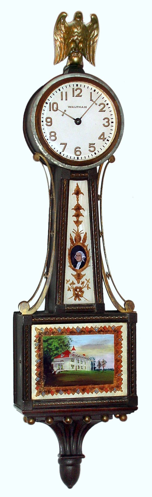 Waltham Clock Co., Waltham, Mass., "Miniature Banjo" 8 day time only stem wind spring driven movement with lever escapement in mahogany case with reverse painted tablets and painted metal dial, c1930 — Antique Clocks Price Guide