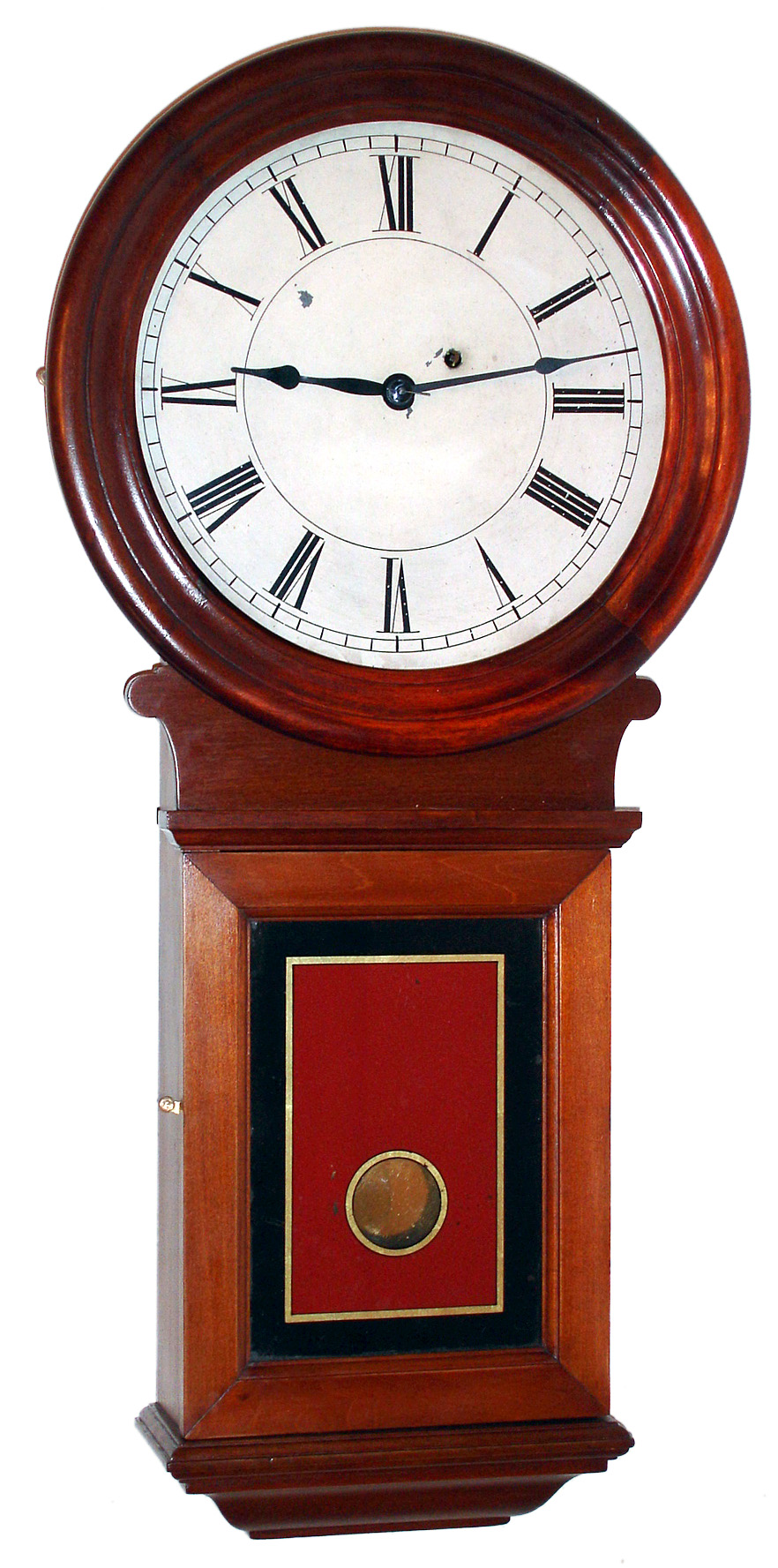 Eastman Clock Co., Boston, Mass., "No. 1 Pendulum" wall clock 8 day time only weight driven movement in cherry case with reverse painted tablet and painted iron dial, c1890 — Antique Clocks Price Guide