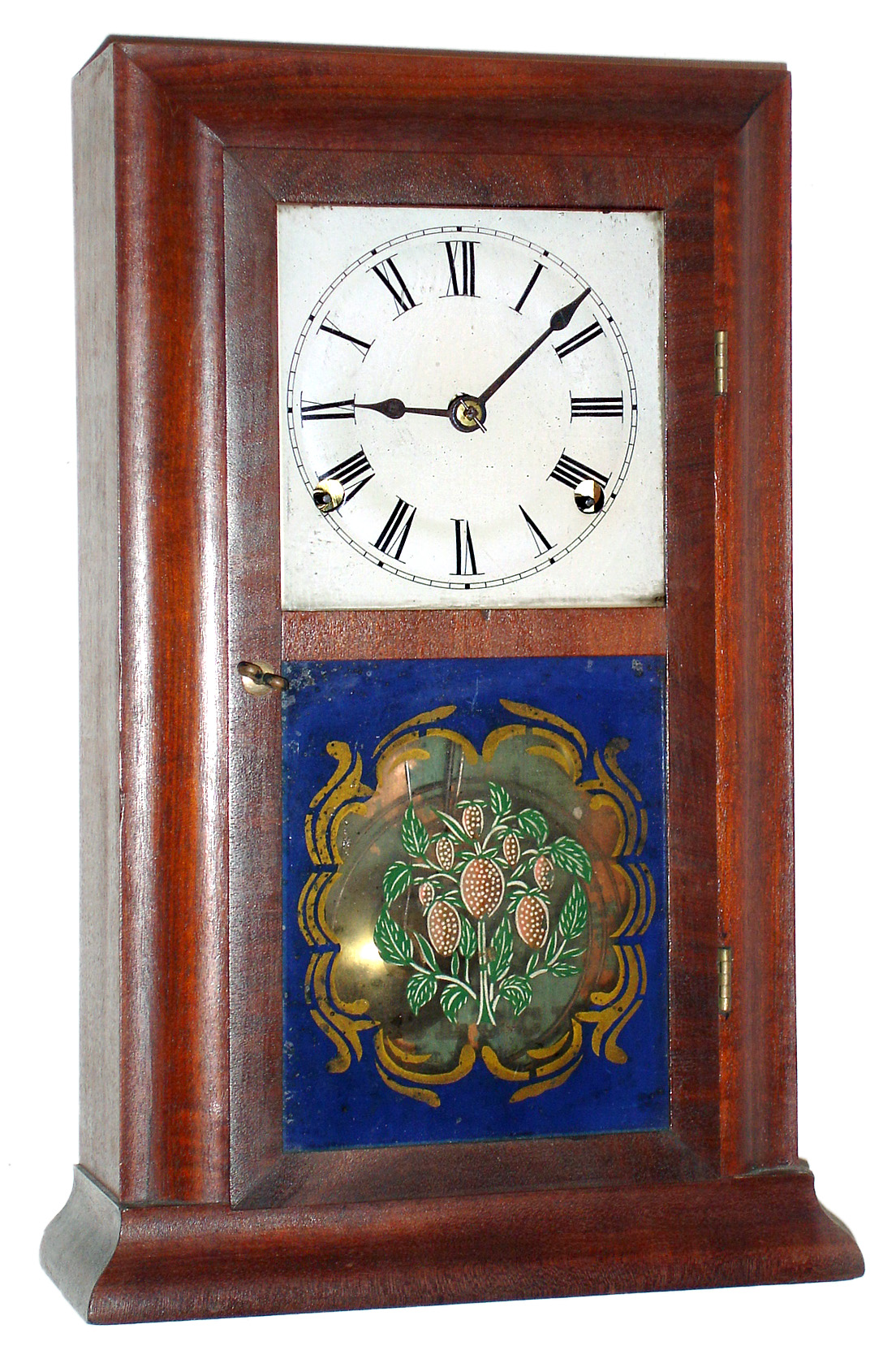 Smith and Goodrich, Bristol, Conn., shelf clock 30 hour time and strike double fusee spring driven movement in miniature mahogany case with reverse ogee molding with reverse painted lower tablet and painted metal dial, c1850 — Antique Clocks Price Guide