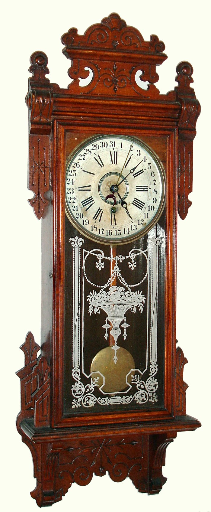 Gilbert Clock Co., Winsted, Conn., "Thespian" wall clock 8 day time and calendar spring driven movement in oak case with paper over metal dial, c1910 — Antique Clocks Price Guide