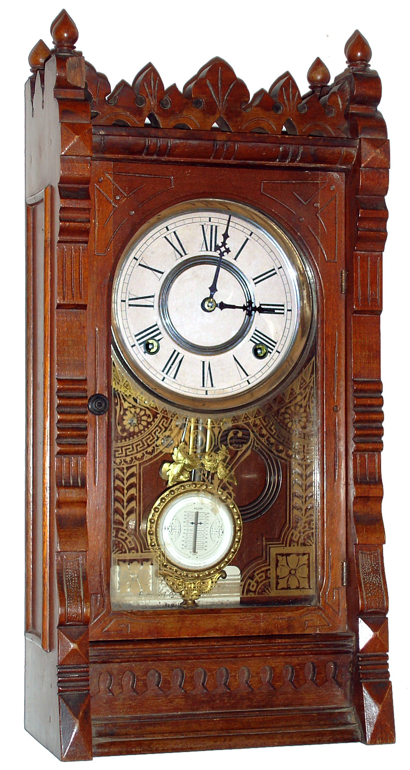 F. Kroeber Clock Co., New York, "Polaris" mantle clock 8 day time and strike spring driven movement in walnut case with paper over metal dial, c1880 — Antique Clocks Price Guide