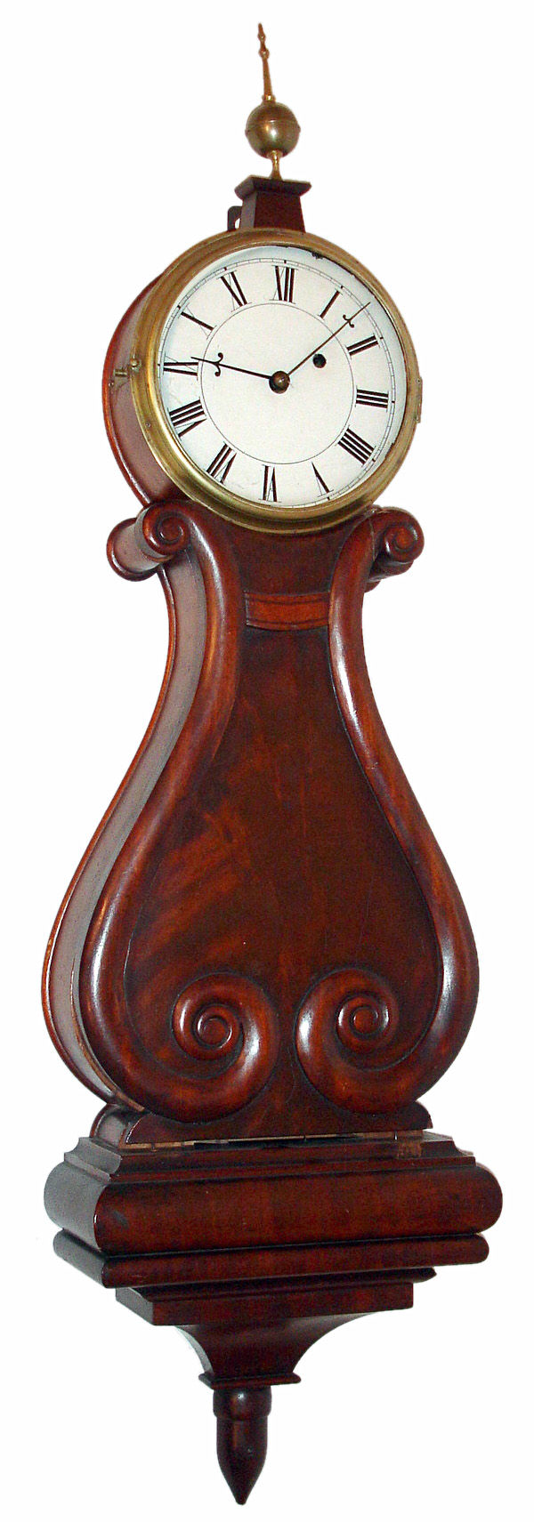 New England "Lyre" wall clock 8 day time only weight driven movement in solid mahogany case with painted metal dial, c1835 — Antique Clocks Price Guide