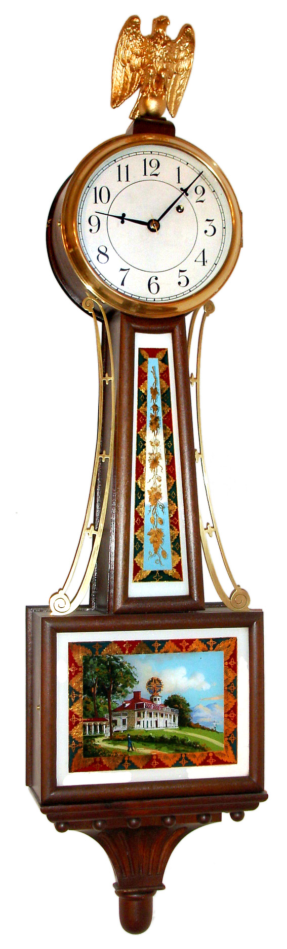 Herschede Hall Clock Co., Cincinnati Ohio, "Banjo" wall clock 8 day time only weight driven movement in mahogany case with reverse painted throat and lower tablets and painted metal dial, c1920 — Antique Clocks Price Guide