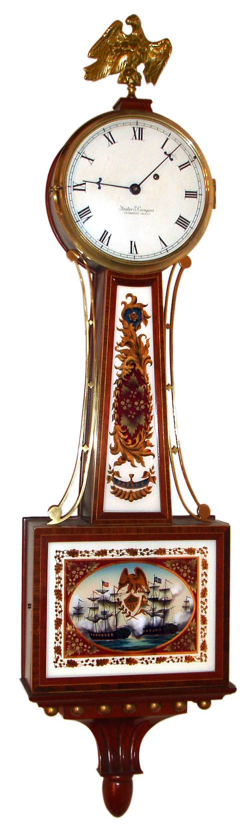 Foster S. Campos, Pembroke, Mass., "Willard Banjo Clock" wall clock 8 day time only weight driven movement in cross banded inlay mahogany case with reverse painted throat and lower tablets and painted metal dial, dated 1988 — Antique Clocks Price Guide