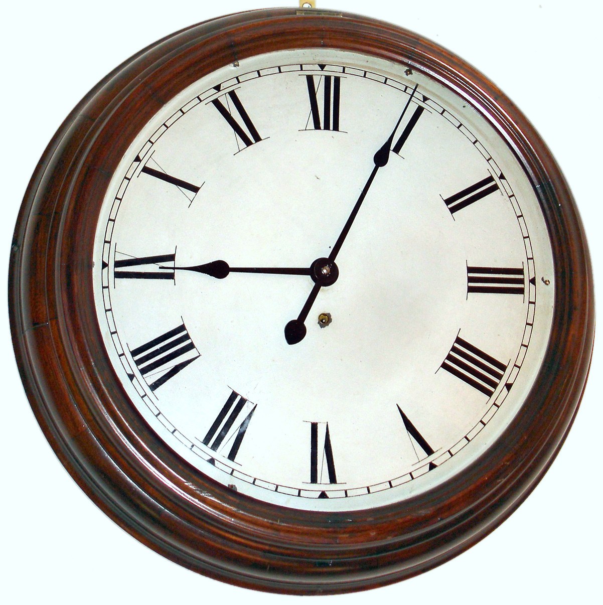 Gallery clock 8 day time only spring driven movement in a mahogany case with painted metal dial, c1910 — Antique Clocks Price Guide