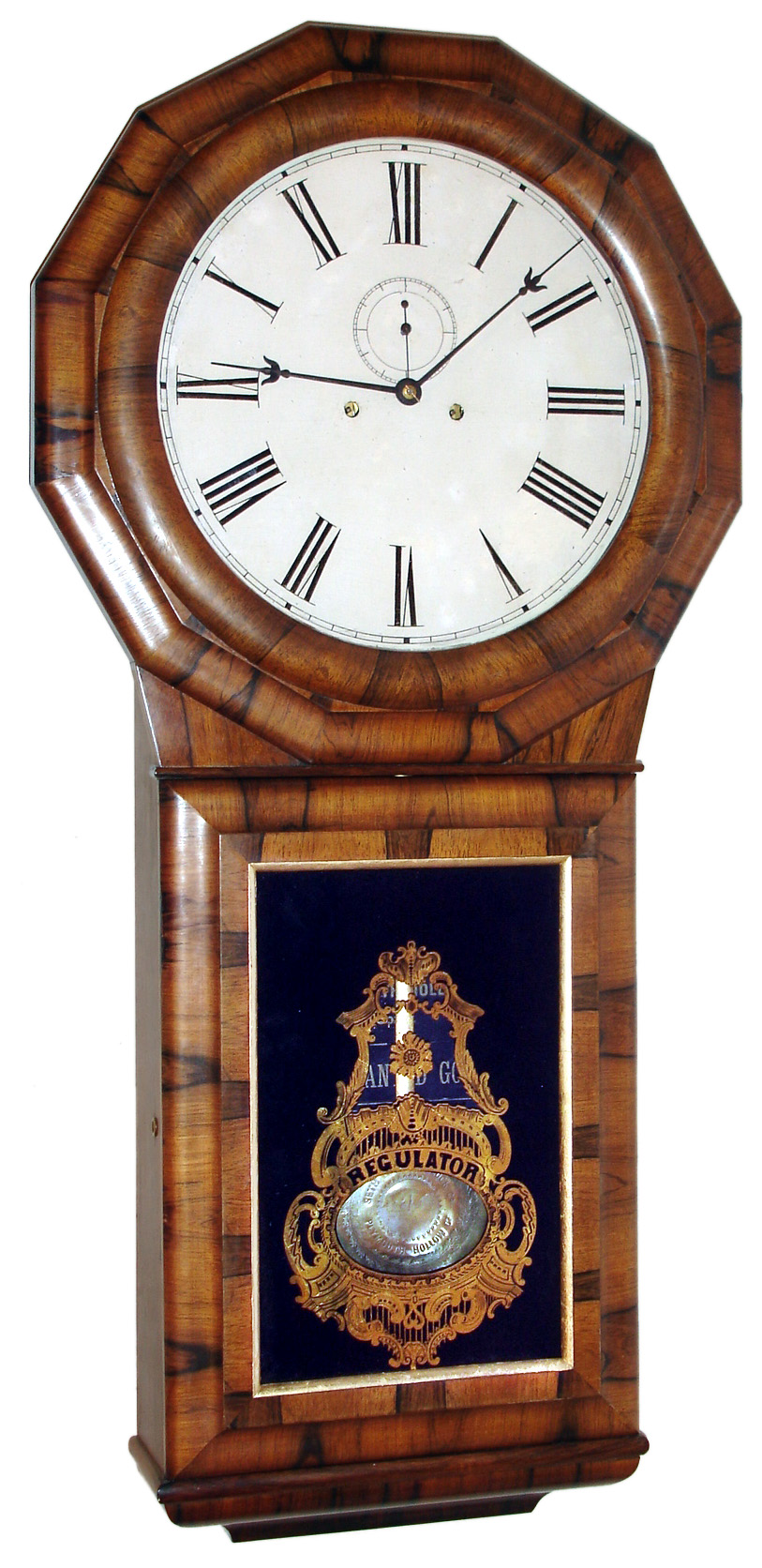 Seth Thomas Clock Co., Plymouth Hollow, Conn., "Regulator No. 1 Extra" wall clock 8 day time and strike weight driven movement in rosewood veneered mahogany case with reverse painted tablet and painted metal dial, c1875 — Antique Clocks Price Guide