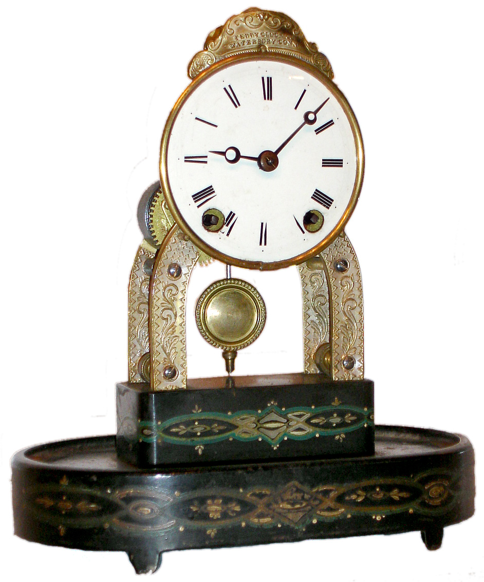 Terry Clock Co., Waterbury, Conn., "Parlor" skeleton mantel clock 8 day time only spring driven movement with white enamel dial and paint decorated metal base, c1870 — Antique Clocks Price Guide