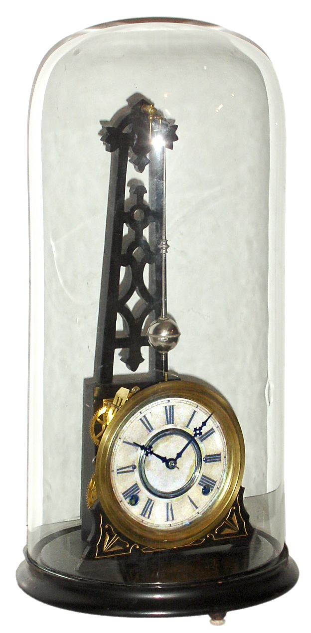 F. Kroeber Clock Co., New York, "Noiseless Rotary No. 1" mantel clock 8 day time and strike spring driven movement with rotary pendulum on wooden base with glass dome and papered metal dial, c1880 — Antique Clocks Price Guide