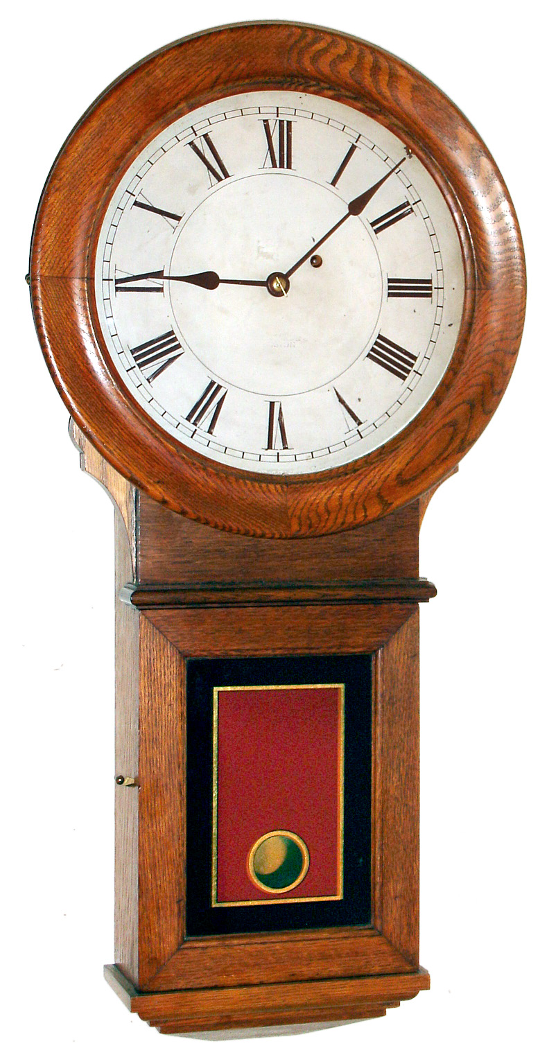 E. Howard and Co., Boston, Mass., "Regulator No. 70" wall clock 8 day time only weight driven movement in oak case with reverse painted lower tablet and painted metal dial, c1900 — Antique Clocks Price Guide