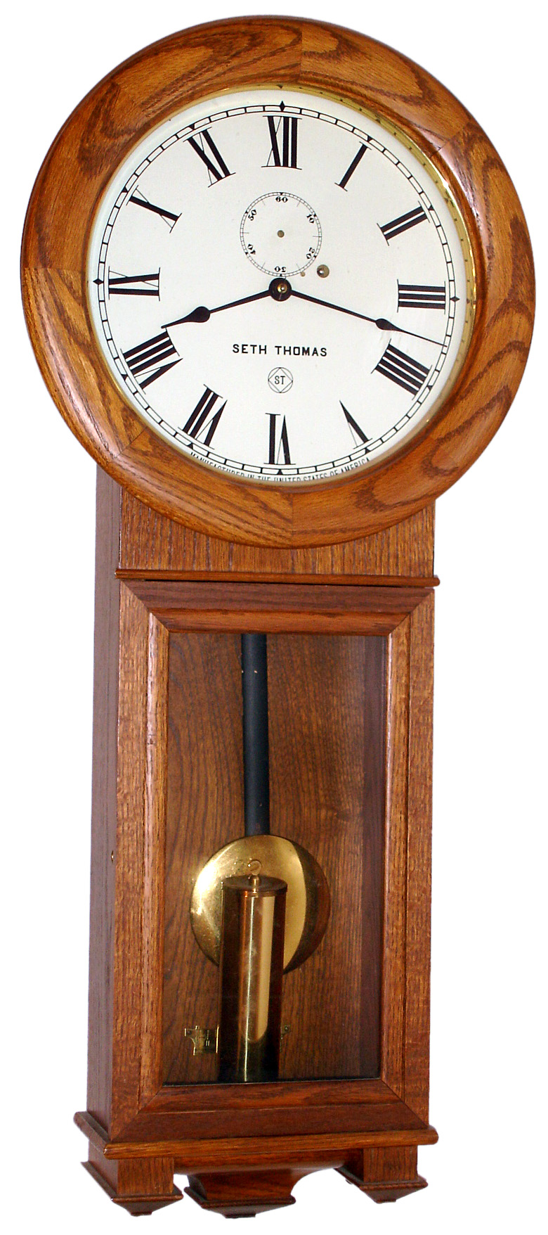 Seth Thomas Clock Co., Thomaston, Conn., "Regulator No. 2" reissue oak 8 day time only weight driven wall clock, c1976 — Antique Clocks Price Guide