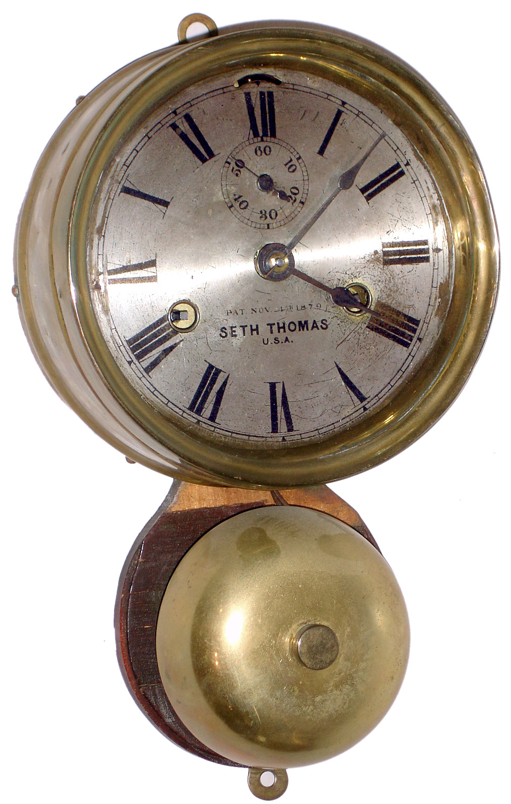 Seth Thomas Clock Co., Thomaston, Conn., outside bell 30 hour spring driven brass ship's bell clock, c1890 — Antique Clocks Price Guide