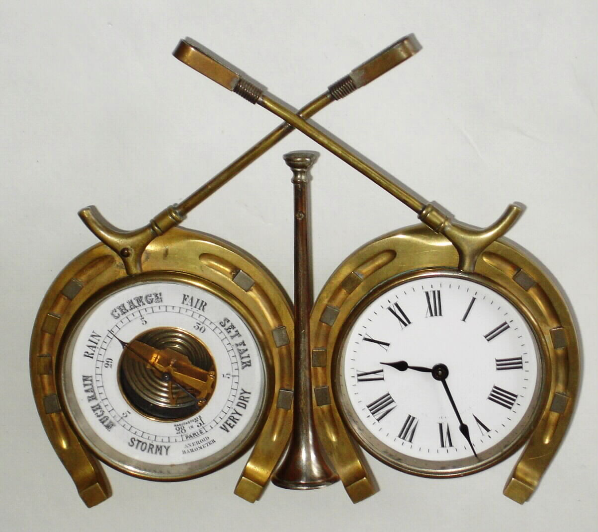 French, Novelty desk set with Polo motif, see sticks and trumpet. 8 day cylinder escapement, c1900 — Antique Clocks Price Guide