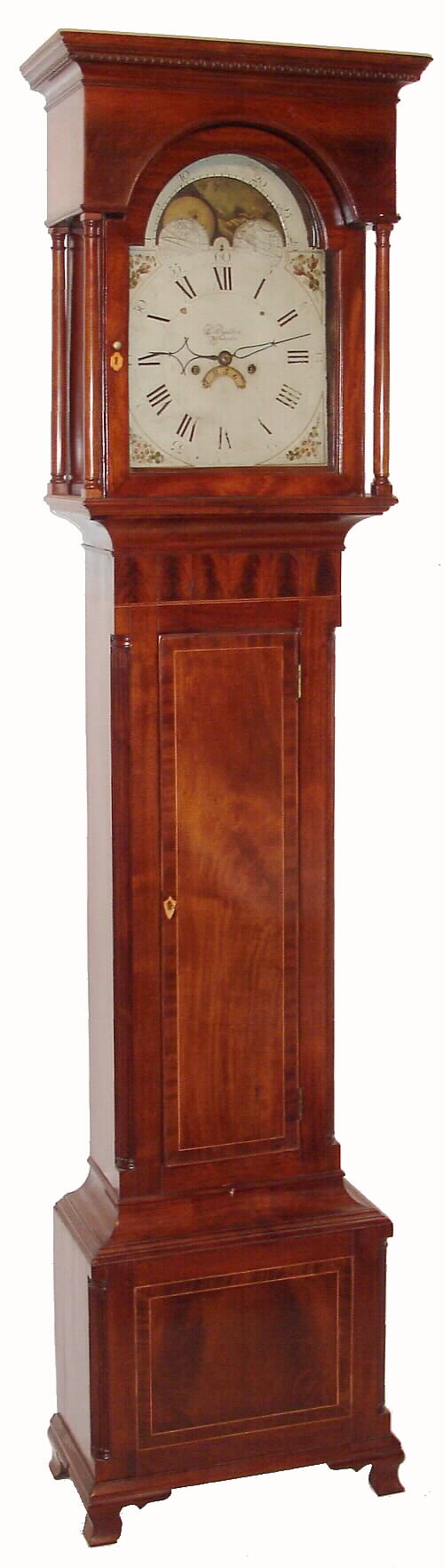 G. Chandlee, Winchester (Virginia), a painted dial, center seconds, rolling moon, 8-day movement, C.1790, now in a mahogany veneer over heavy hardwood case from the same period. (1790) — Antique Clocks Price Guide