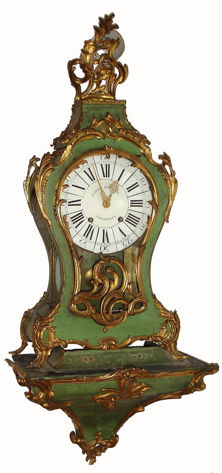 Belgian, E. Giddius Rousseau, Bruxelles, a green Neuchatel clock and bracket, quarter striking, with 13 piece dial, c1790 — Antique Clocks Price Guide