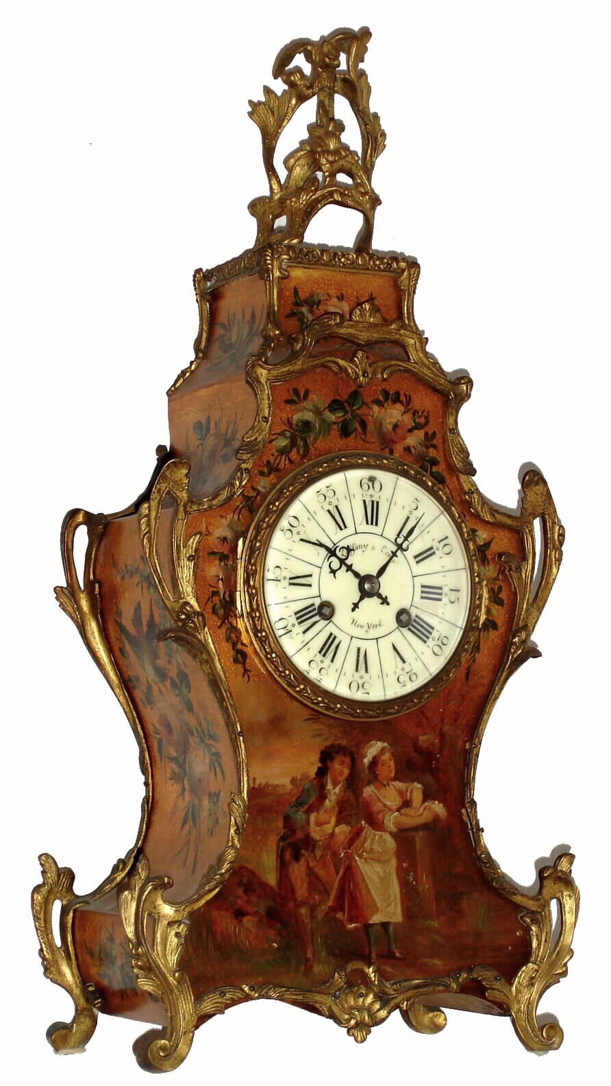 French, Vincenti and Cie, for Tiffany and Co., New York, a medium size shelf or bracket clock in the style of Vernis Martin, time and gong strike, 8 day. The lacquered case shows a maid and her suitor below the dial, and the sides decorated with flowers, vines and birds. C.1895 — Antique Clocks Price Guide