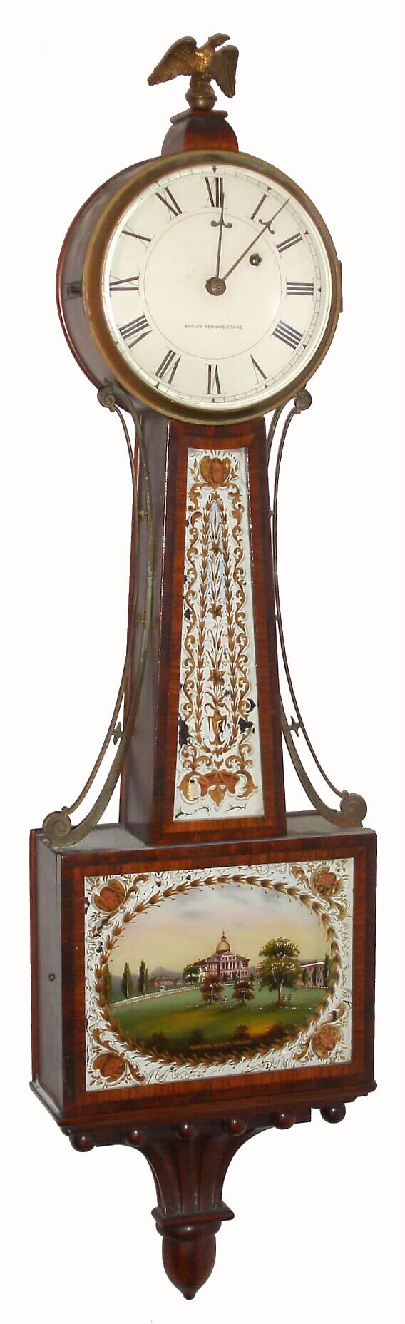 Waltham Clock Co., Waltham, Mass., for Bigelow, Kennard and Co. Inc, a well made cross banded, 20th century banjo clock with original Boston State House tablets and 8 day weight driven movement signed with Waltham logo and serial No. 6684, c1926 — Antique Clocks Price Guide