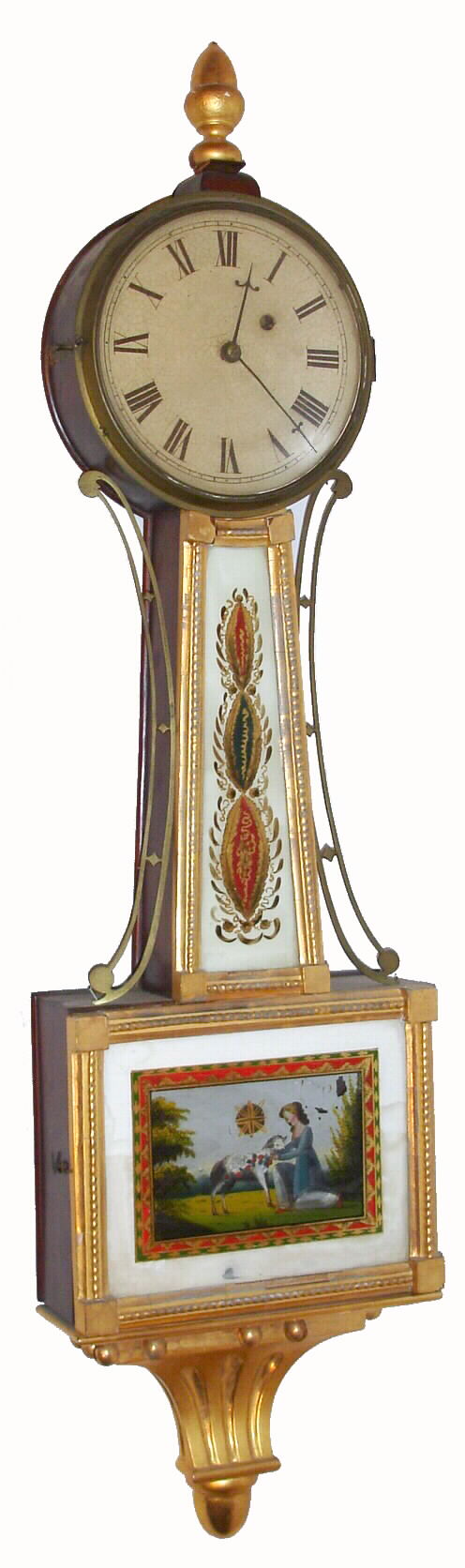 Unsigned Massachusetts banjo timepiece (Willard School), with a step train movement with fillister screw attaching, in a gilt rope front presentation case and with old tablets with pastoral scene. 8-day, weight. C,1830 — Antique Clocks Price Guide