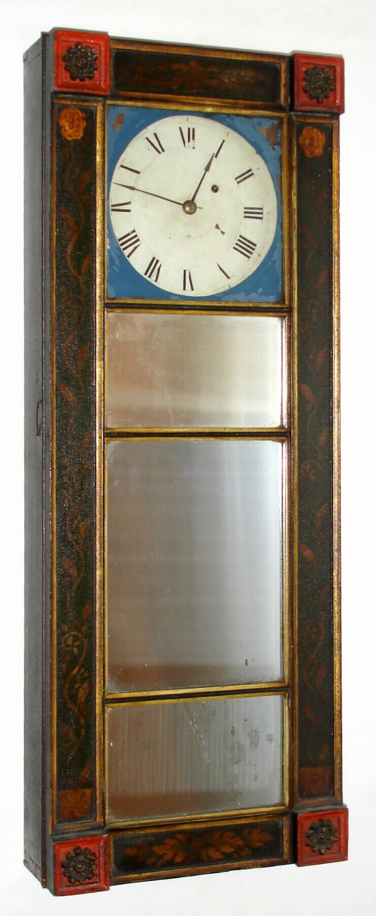 "New Hampshire Mirror Clock" timepiece, with a period stenciled mirror frame, c1840, with a purpose made rear box c1920 (has some age) and driven by a period banjo movement, c1840 — Antique Clocks Price Guide