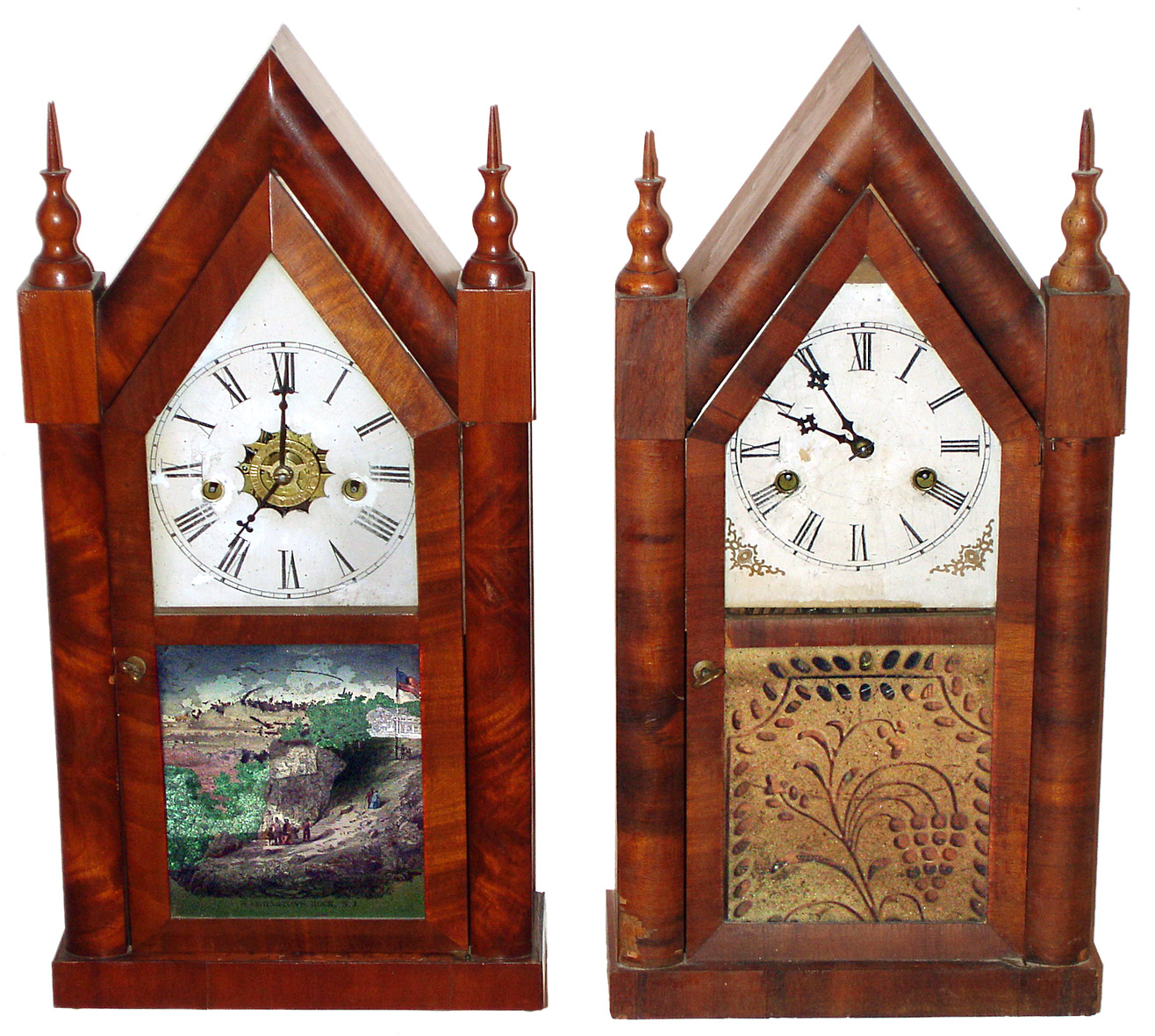 Two Connecticut 30 hour time and strike mahogany veneer steeple clocks, c1870. — Antique Clocks Price Guide