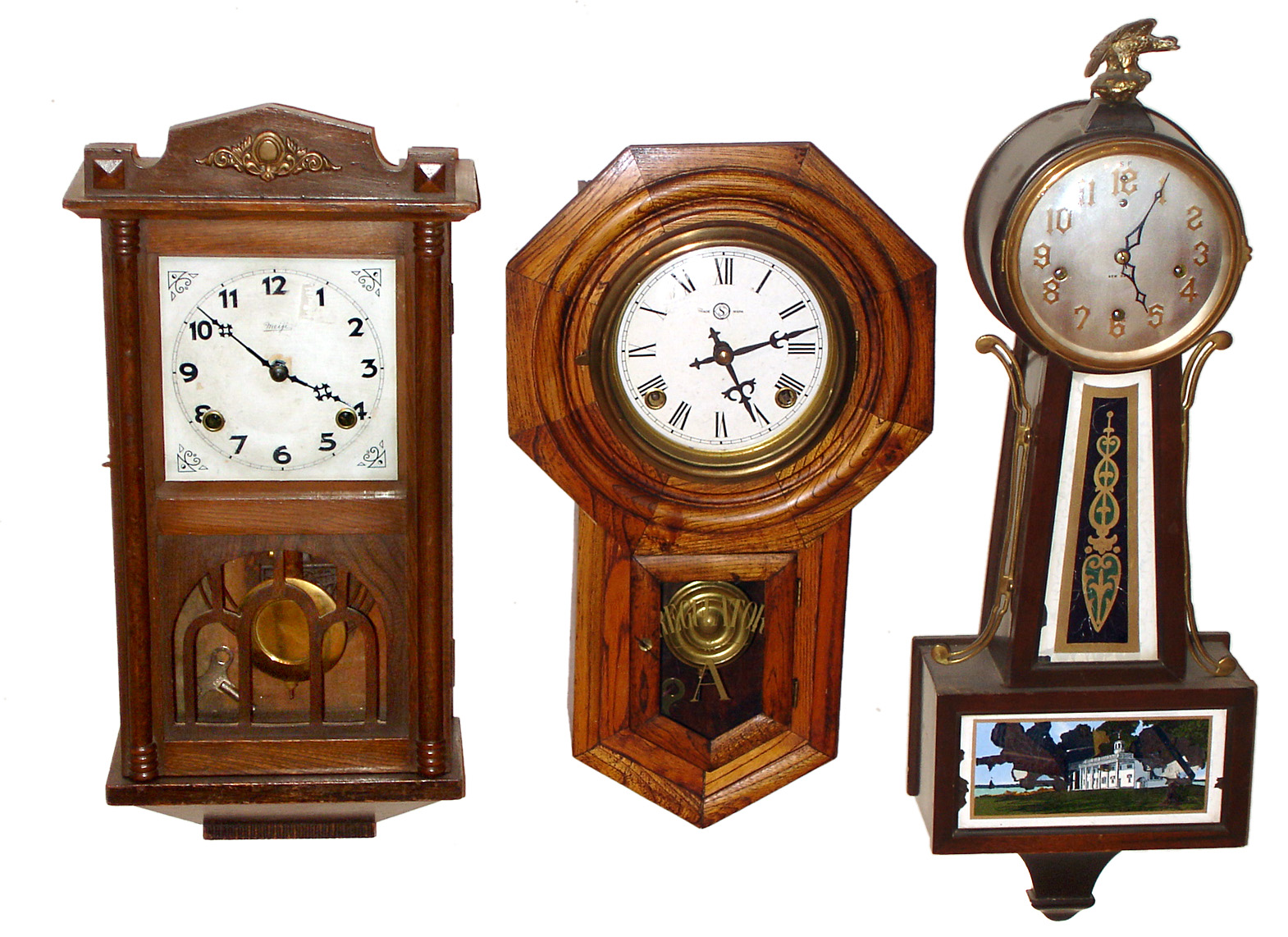 Three wood case 8 day time and strike wall clocks. — Antique Clocks Price Guide
