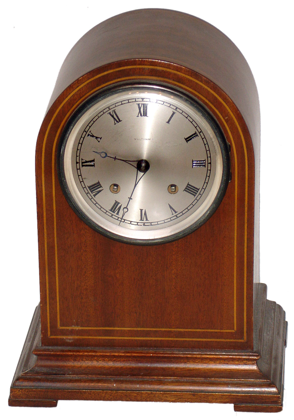Waltham Clock Co. inlaid mahogany 8-day time and strike round top mantel clock, c1915 — Antique Clocks Price Guide