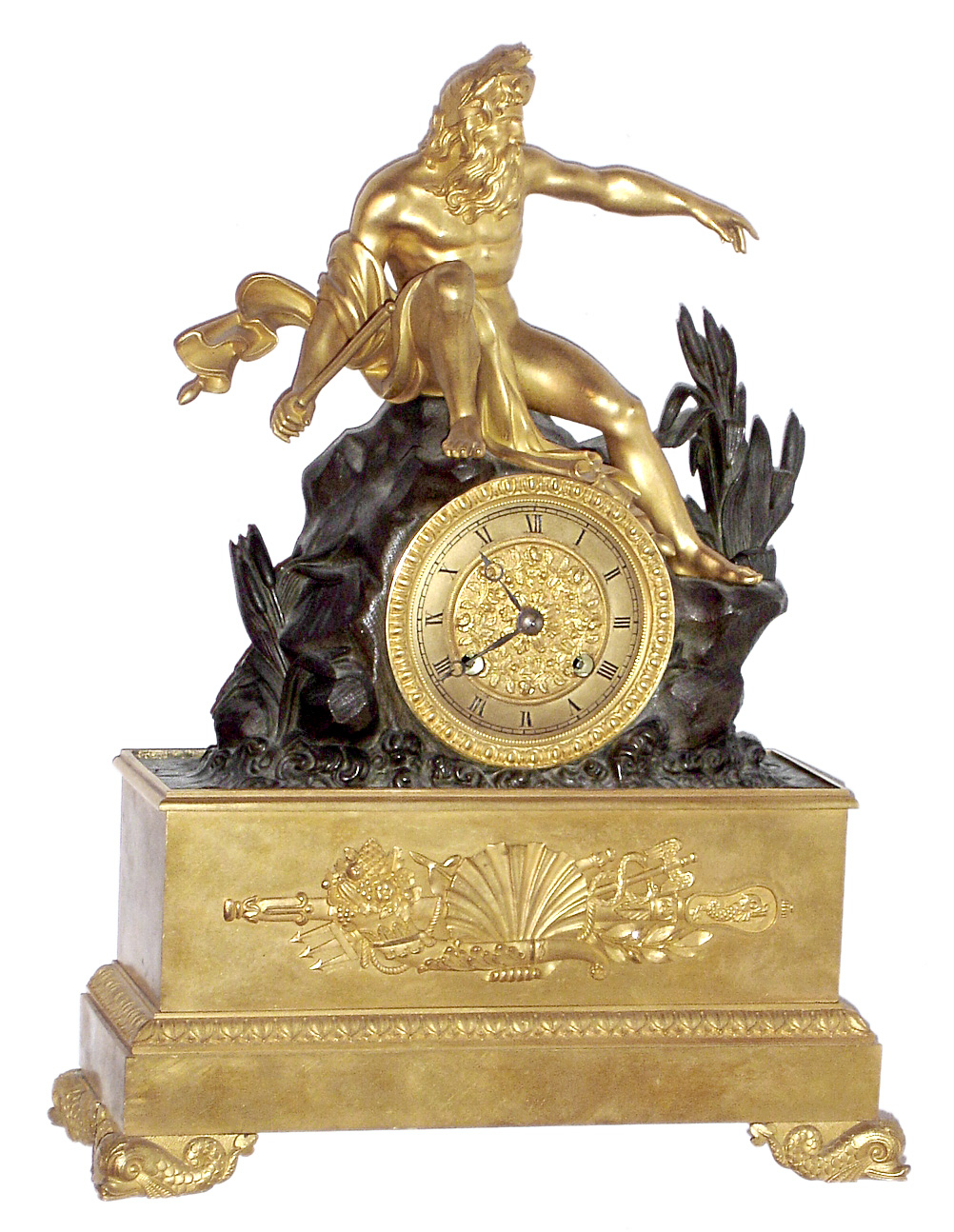 French gilt metal 8 day time and strike silk thread figural mantel clock, c1850 — Antique Clocks Price Guide