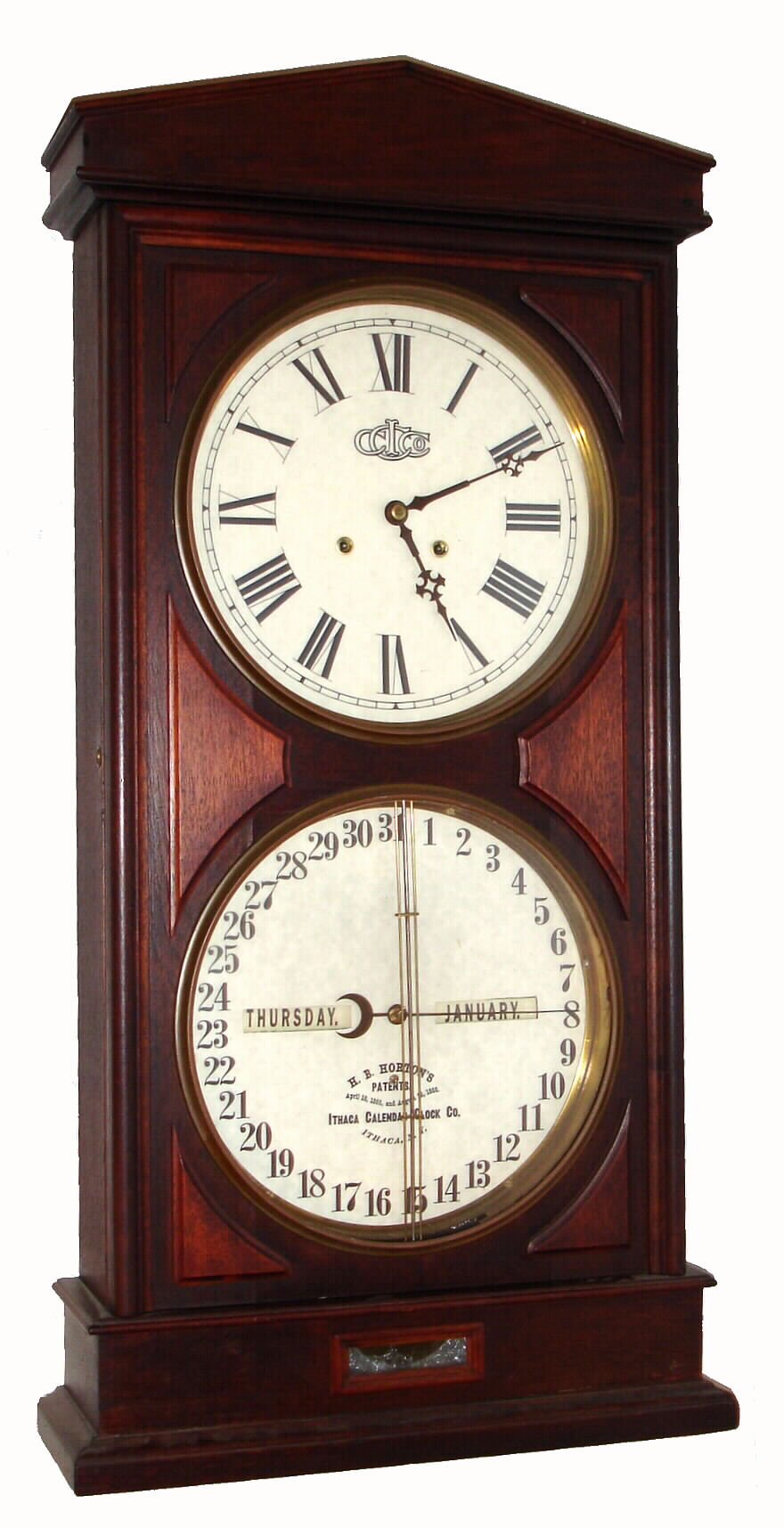 Ithaca Calendar Clock Co., Ithaca, NY, "No. 3 Regulator", double dial calendar timepiec with 8 day weight driven movement, c1880 — Antique Clocks Price Guide