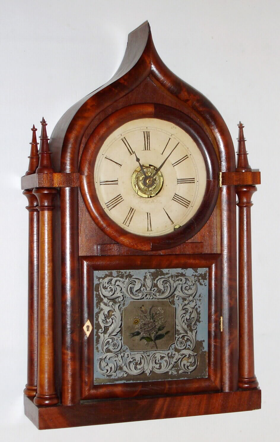 Brewster and Ingraham, Bristol, Conn., "Onion Top" shelf clock with 8 day time and strike spring driven movement in four column mahogany veneer case, c1850 — Antique Clocks Price Guide